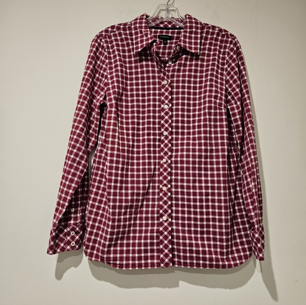 Talbots Women's Burgundy Checkered Button Down Shirt, Size Medium